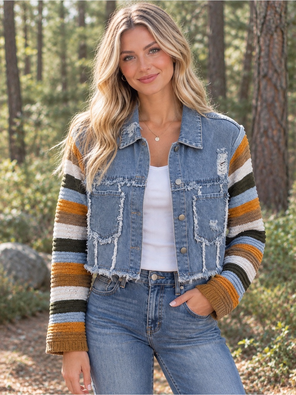 Blue B Knit Sleeve Denim Jacket